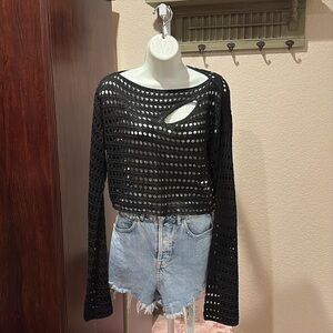 Crochet Cut Out Flare Sleeve Crop Open Knit Sweater Black Worn Once!